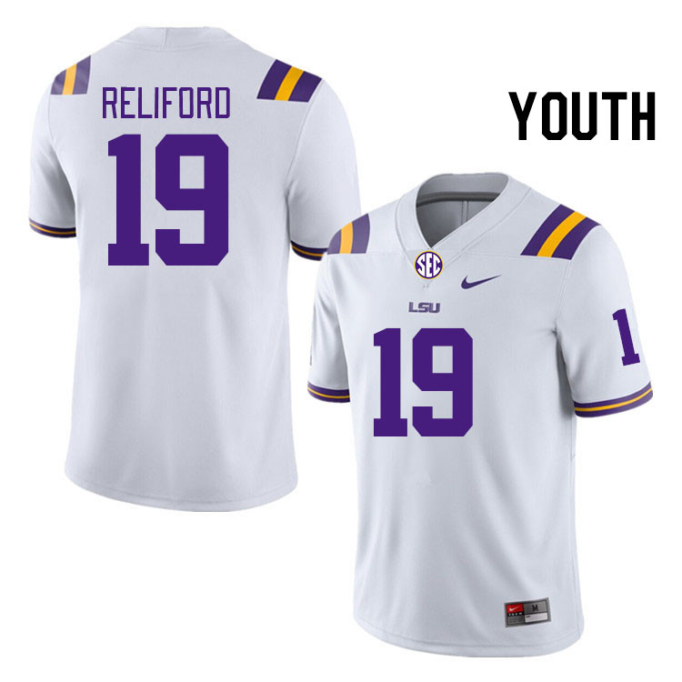 Youth #19 Gabriel Reliford LSU Tigers College Football Jerseys Stitched-White